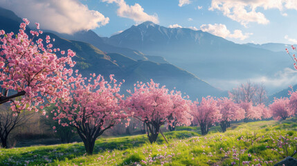 A landscape with blooming cherry trees against mountain backdrops.
