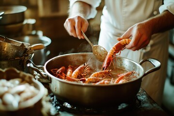 A person cooks shrimp in a pot on a stove