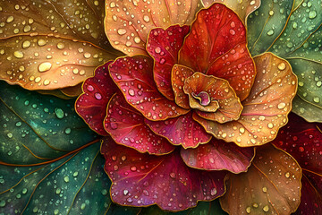 Intricate Beauty of a Blooming Begonia: Nature's Vivid Mastery with Crimson and Gold Hues