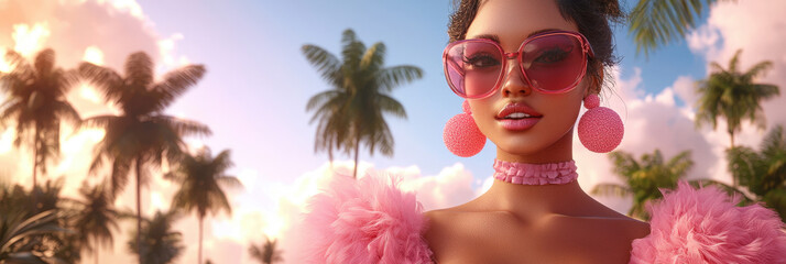 Beautiful Woman Pink Sunglasses Earrings Choker Tropical Sunset