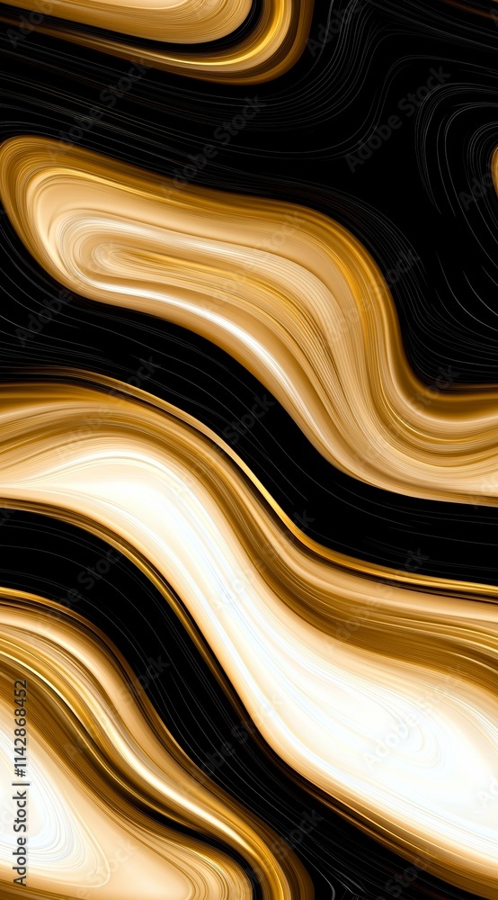 Poster stylish abstract background with flowing gold and black waves, ideal for modern design projects.