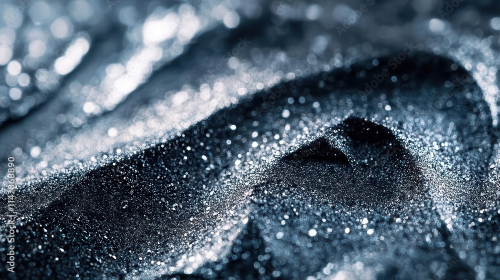 Poster intricate close-up of a metallic powder texture, blending silvery tones with a soft sheen, capturing