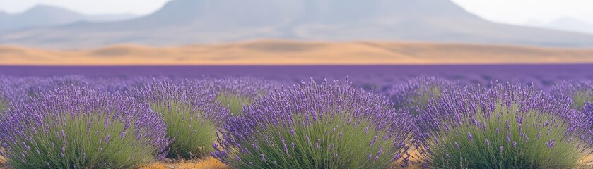 Fototapeta premium Vast lavender fields with a stunning mountain backdrop, showcasing nature's beauty in full bloom.