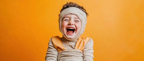 Joyful Toddler in Mummy Costume Laughs Against Vibrant Orange Background