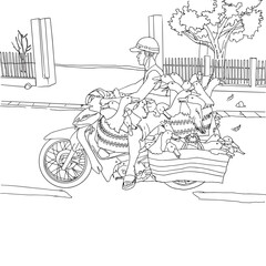 Obraz premium a coloring page of Illustration of a man on a motorcycle carrying a large number of ducks 
