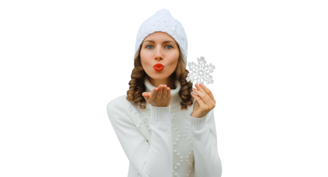 Winter christmas portrait beautiful happy woman blowing kiss with snowflakes in white hat isolated