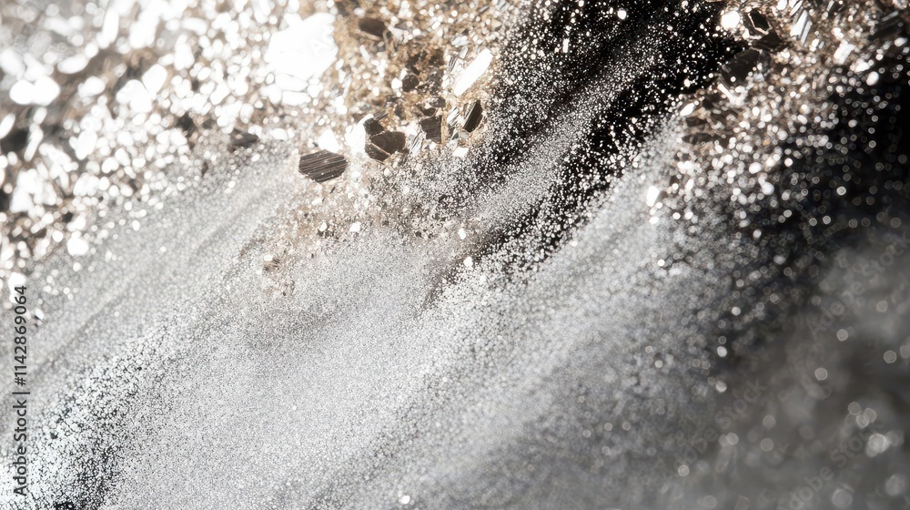 Poster intricate close-up of a metallic powder texture, blending silvery tones with a soft sheen, capturing