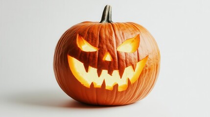Obraz premium intricately carved halloween jack-o'-lantern pumpkin isolated against a white background, flickering glow illuminating its spooky features, embodying the spirit of halloween