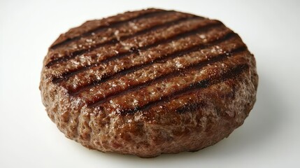 juicy grilled hamburger patty placed against a pure white background, showcasing textures and mouth-watering details, emphasizing the appeal of delicious food