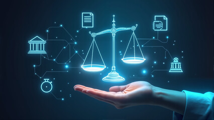 Digital Justice: Futuristic Holographic Scales and Legal Icons Representing Innovation in Law