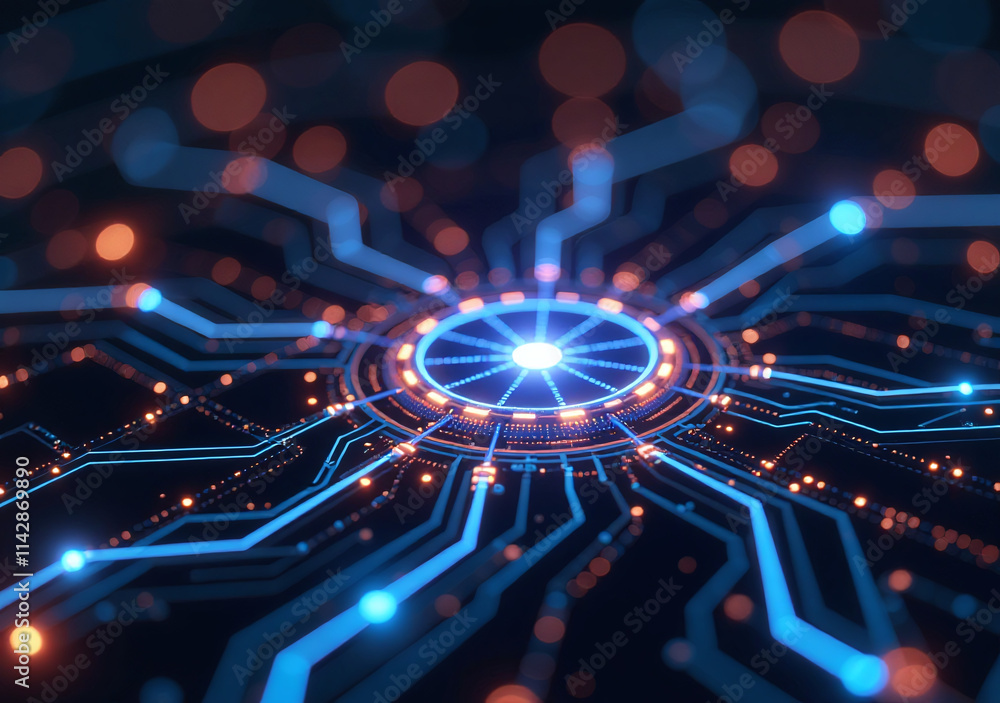 Poster futuristic digital hub features glowing lines circuit networks innovating digital tech enhanced comm
