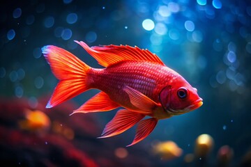 Obraz premium Red Neon Fish Aquarium, Vibrant Fish, Underwater Scene, Glowing Fish, Neon Tetra, Fish Tank, Aquatic Life, Red Fish Illustration, Digital Art, Fantasy Fish