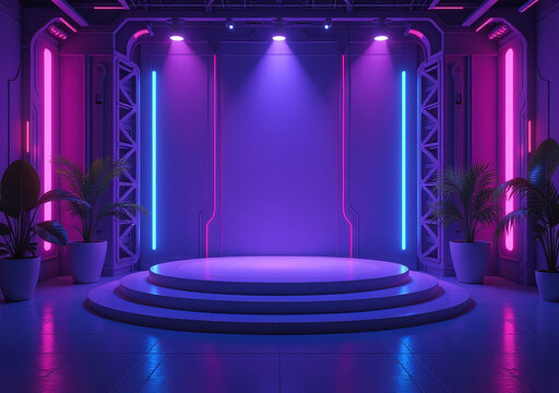 futuristic neon purple blue stage tech elements advertising gaming artwork featuring cutting edge digital technology