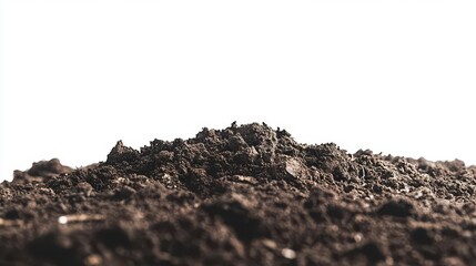 isolated pile of dark, rich soil scattered on a clean white background, symbolizing nature's foundation and the importance of soil in agriculture and ecological balance