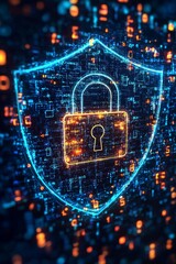 Digital security shield with lock symbol, representing online safety and data protection against cyber threats.