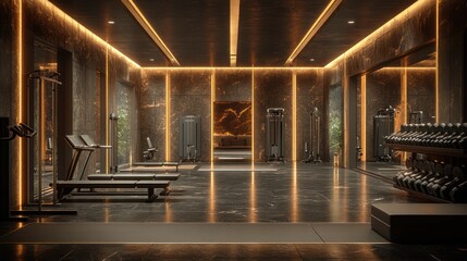 Luxurious modern home gym with marble walls, ambient lighting, and fitness equipment.