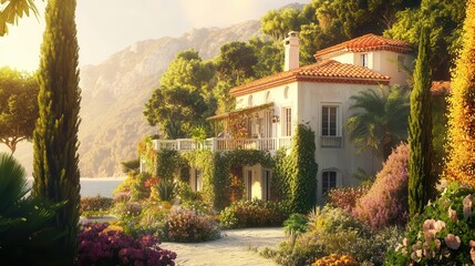 Naklejka premium mediterranean villa with sprawling gardens and private beach access, depicted in warm sunlight. the scene radiates luxury and relaxation, capturing the serene beauty of coastal living
