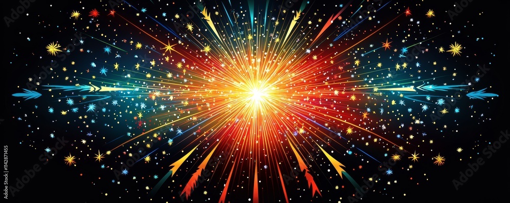 Poster vibrant explosion of colors with stars and beams, creating a dynamic visual experience for creative 