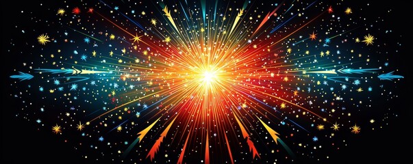 Fototapeta premium Vibrant explosion of colors with stars and beams, creating a dynamic visual experience for creative projects.