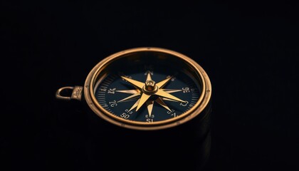 Close-up antique compass golden needle dark background. Vintage navigation tool. Adventure concept. Stylish object. Perfect travel photo. Suggests exploration. Useful for travel themes. Sophisticated