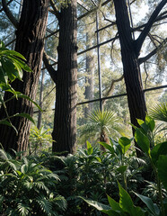 Naklejka premium A lush, dense forest with tall, towering trees and a variety of tropical plants and foliage in the foreground