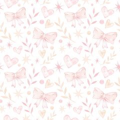Watercolor seamless pattern with pink bows, stars, hearts. Cute gentle pink print for design and decoration. Children's gentle style, for little princesses. Wallpaper, design and decoration © Yana