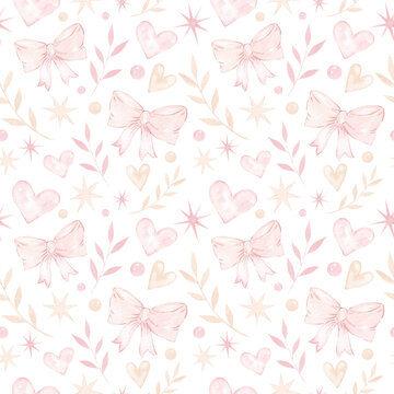 Watercolor seamless pattern with pink bows, stars, hearts. Cute gentle pink print for design and decoration. Children's gentle style, for little princesses. Wallpaper, design and decoration