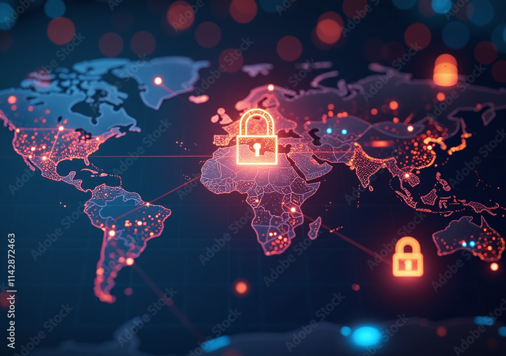Poster glowing network symbols digital map showcase cyber security tech connection futuristic