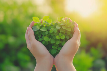 H&auml;nde formen ein Herz mit Bl&auml;ttern in einer gr&uuml;nen Naturlandschaft

