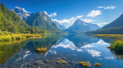 Fototapeta premium serene landscape featuring a tranquil lake surrounded by majestic mountains under a clear blue sky, reflecting the vivid colors of nature in an idyllic setting