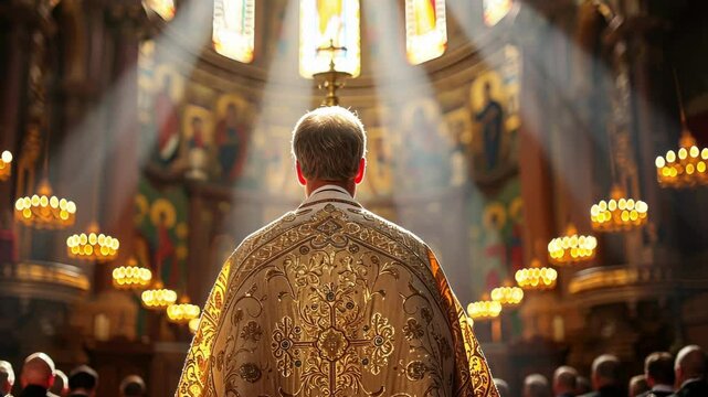 Backlit by divine rays through cathedral windows, a priest in golden vestments stands before the congregation, embodying the sacred aura of the service.