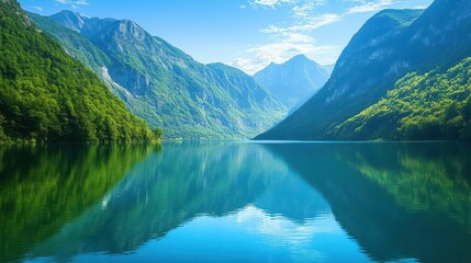 serene reflections of majestic mountains captured in a calm lake, with soft hues of blue and green, creating a tranquil landscape that invites contemplation and appreciation of nature's beauty