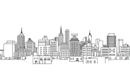 Naklejka premium Detailed line art city skyline. Urban buildings, architecture with minimalist background. Modern cityscape illustration. Highrise buildings form metropolis. Outline style design. Artistic city