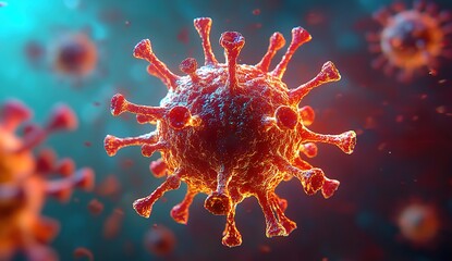 Obraz premium 3D rendering of a close-up view of the virus on a background of red and blue colors