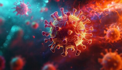 Obraz premium 3D rendering of a close-up view of the virus on a background of red and blue colors