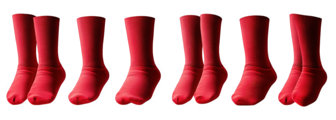 six red socks on a transparent background. isolated the socks are arranged in three pairs