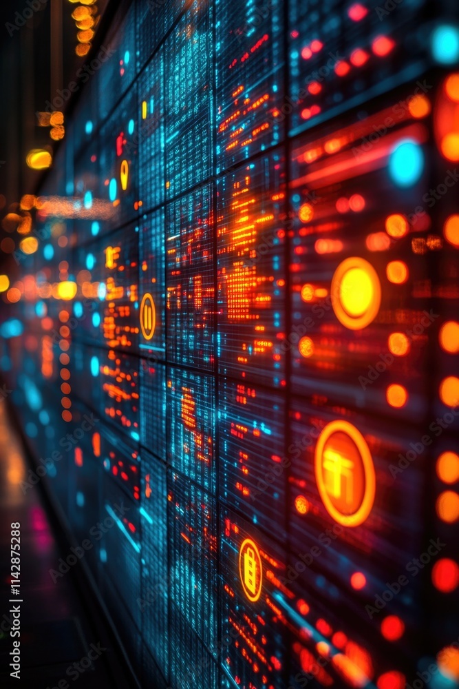Poster a digital representation of data with glowing circles on a wall, suitable for tech-related and futur