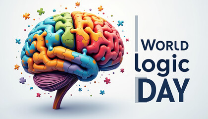 World Logic Day Banner: Multicolored Brain Puzzle on Light Background"