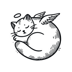Cute angel cat with wings and halo, minimalist black and white sketch