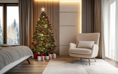 A warm and cozy bedroom with a tall Christmas tree glowing with red and green decorations beside a soft armchair