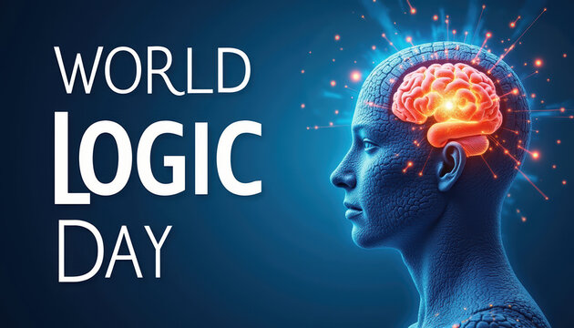 Stylish banner for World Logic Day showcasing a cognitive theme with a brain graphic on a navy blue background.