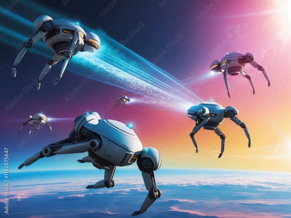 Aufkleber robots collaborate in a vibrant, futuristic sky while performing advanced operations above a mesmeri