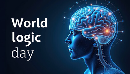 Obraz premium Banner design for World Logic Day featuring a brain graphic with neural connections on a dark blue background.