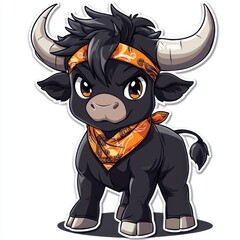 Fierce bull head illustration with large horns wearing a red and yellow bandana and serious expression isolated on white background