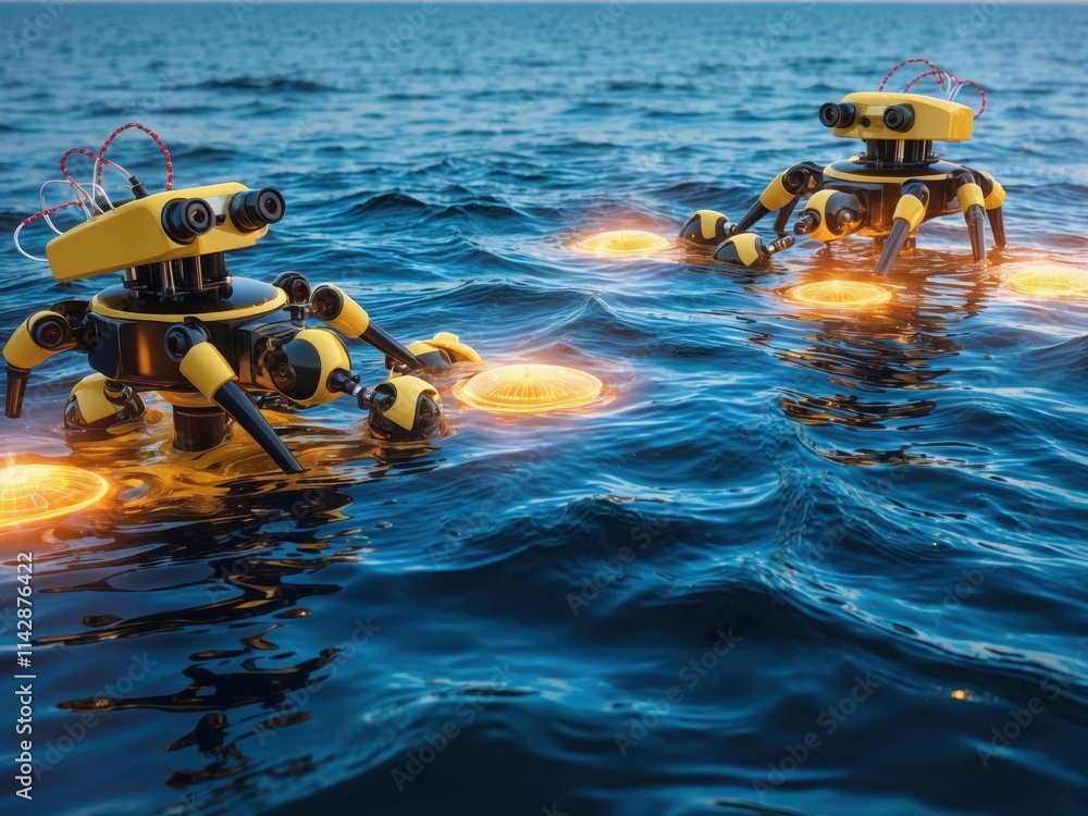 Aufkleber robots exploring underwater environments in a futuristic ocean setting with glowing elements and adv