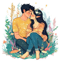 Cute Couple with Fairycore Style Vector Illustration | Soft and Dreamy Fashion Artwork  
