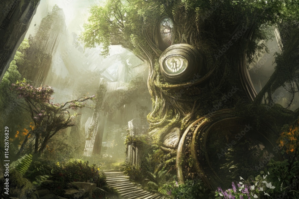 Poster a person stands near a tree with a clock face, suitable for time-related or environmental themes