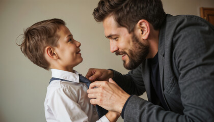 Caring Father Teaching Young Son How to Tie Necktie with Tender Expression in Intimate Moment