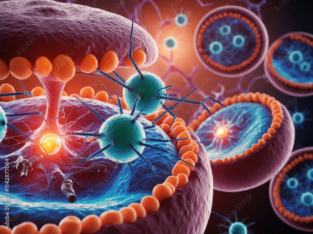 Poster closeup view of nanobots targeting cells in a futuristic biomedical setting for advanced health appl