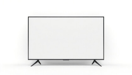 Modern smart TV mockup features blank screen on white background. Simple design. Versatile for interior design, marketing purposes, tech. Flat lay tech product presentation. Shows empty screen on